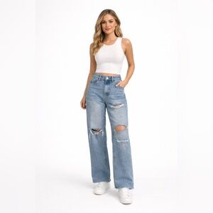 PrettyLittleThing Light Blue Distressed Straight Leg Jeans